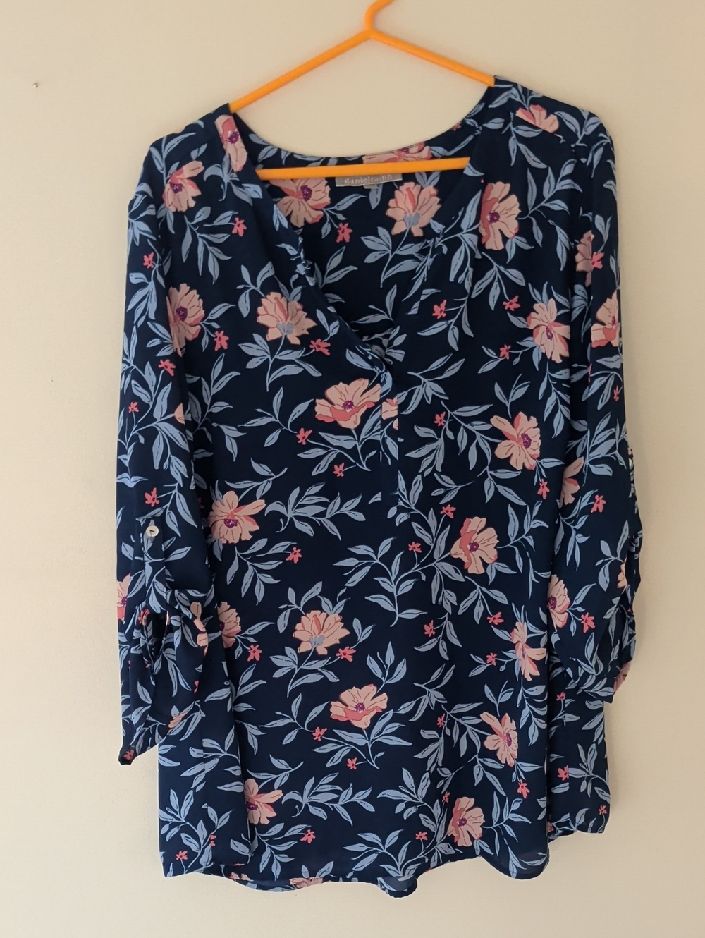 Daniel Rainn Navy Floral V-Neck Blouse with Pink Flowers